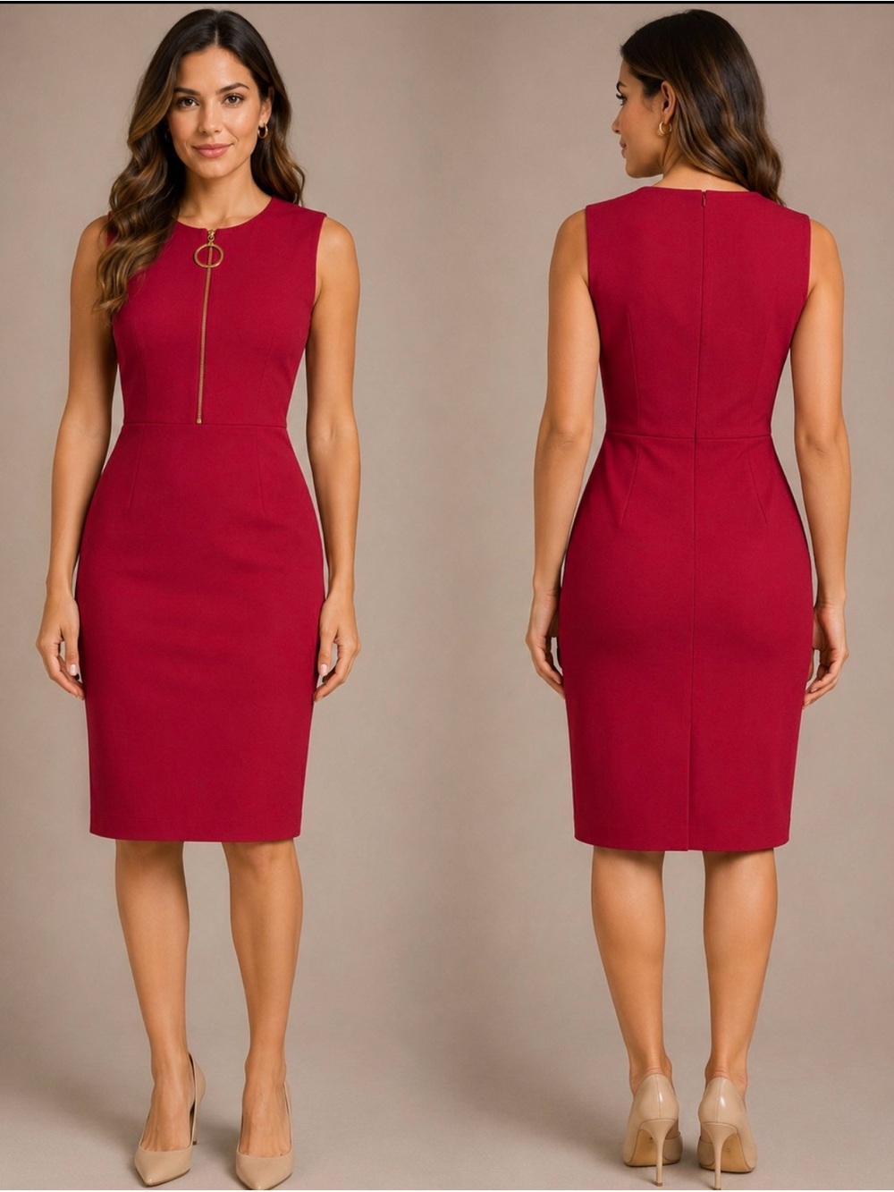 Calvin Klein Red Midi Dress with Gold Accent